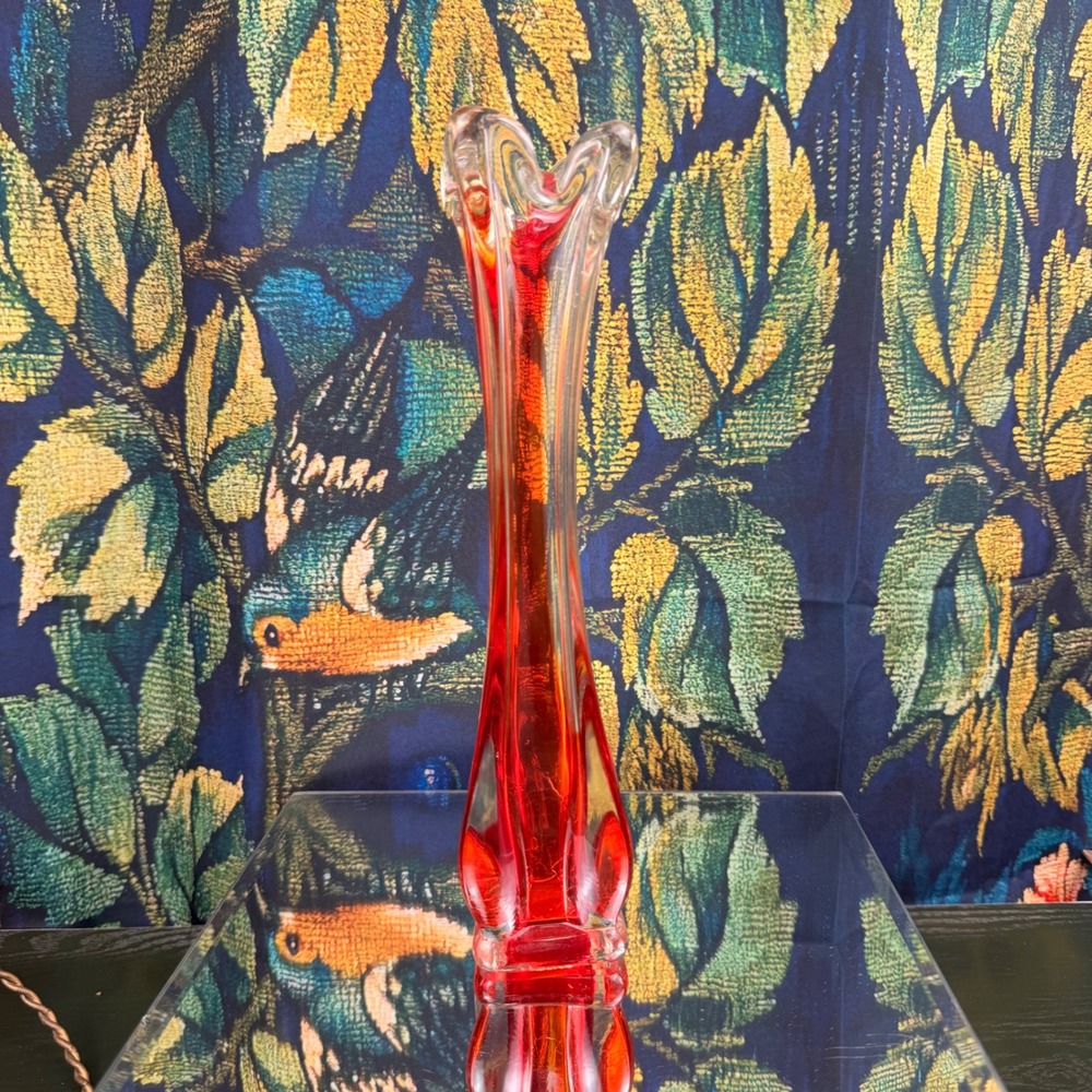 Vintage Red Sommerso Art Glass Bud Vase Mid Century Modern Pulled Rim 10.5 Inch